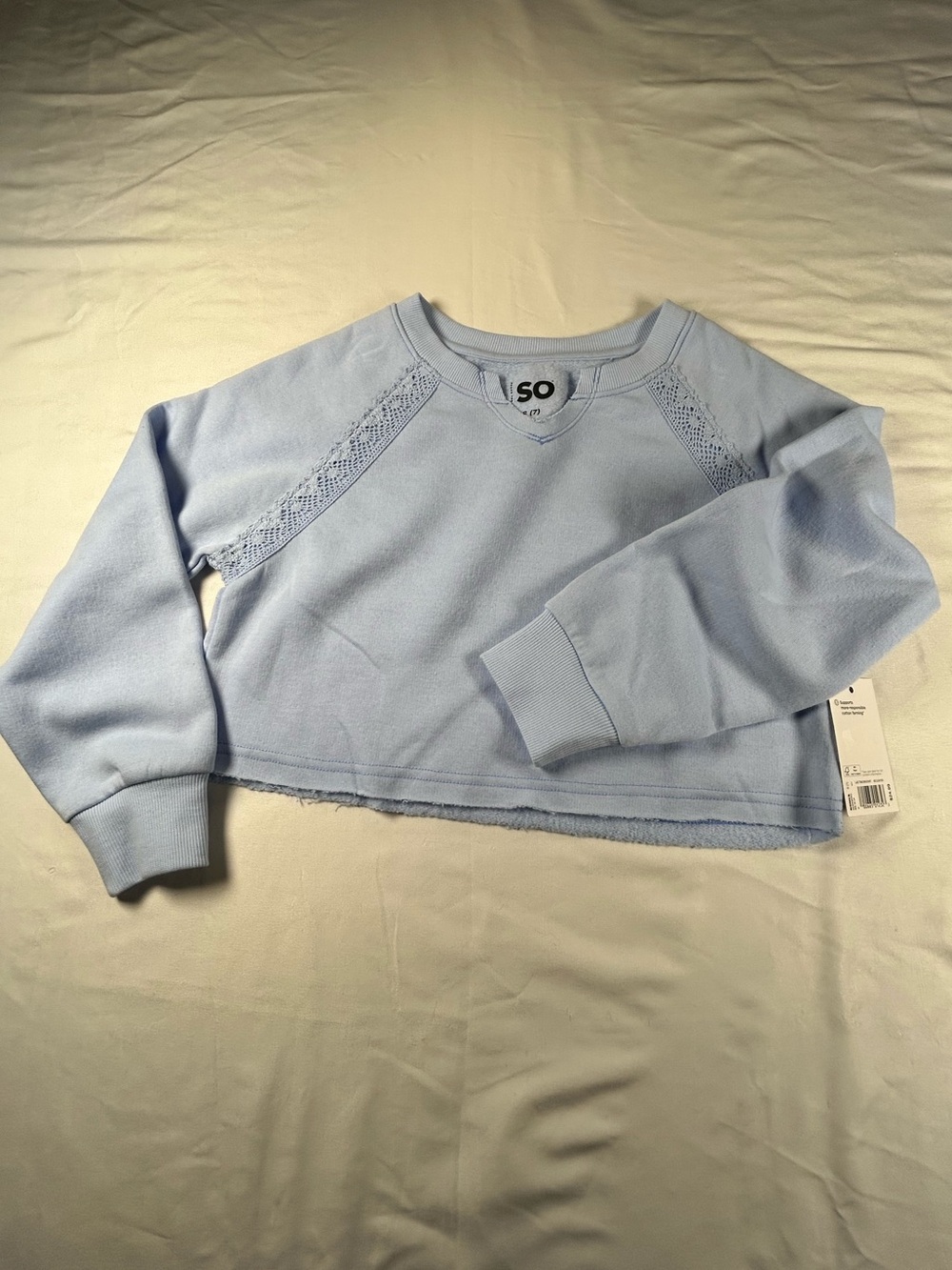 SO Light Blue Cropped Lace Raglan Sweatshirt